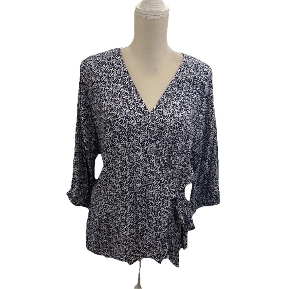 Talbots Navy and White Printed Wrap Blouse